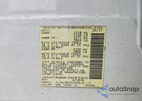 2017 Nissan Murano S z USA, uszkodzony, nr VIN 5N1AZ2MG8HN204505